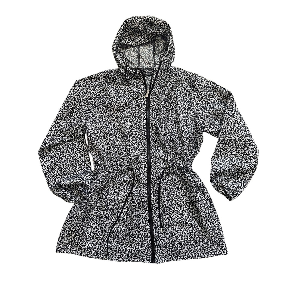 Roman Originals Hooded Windbreaker Jacket Black White Print Anorak Size L